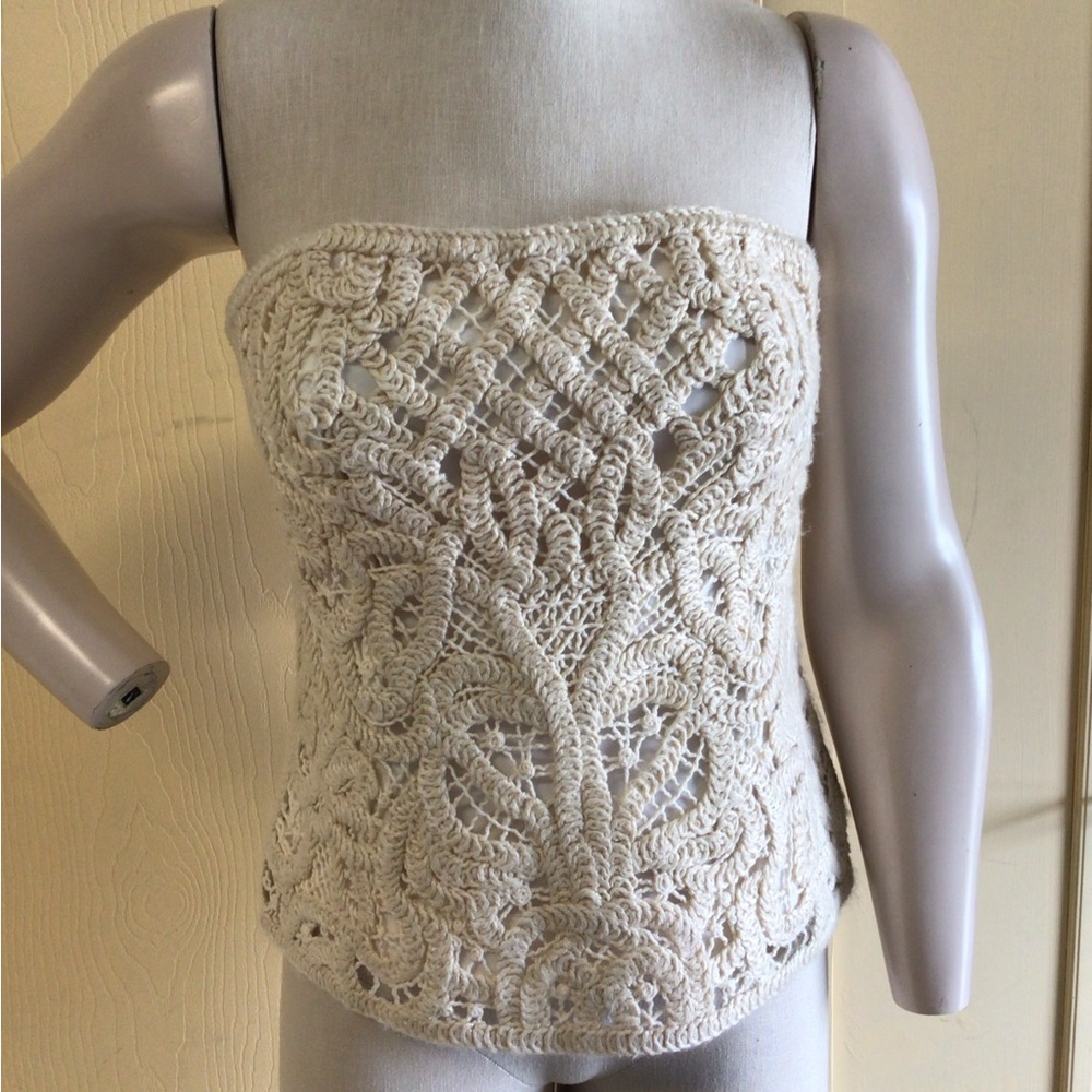 White House Black Market Cream Crochet Strapless Top Size 8